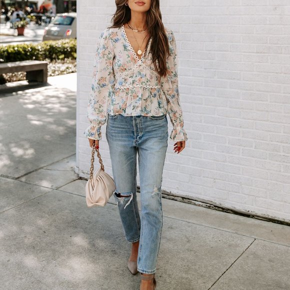 MALAIA FLORAL CROCHET PEPLUM TOP - IVORY MULTI - Picture 8 of 9